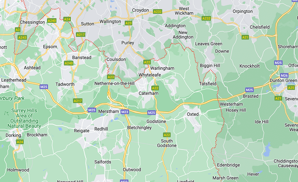 map of  South West London showing area covered by Signature Roofing